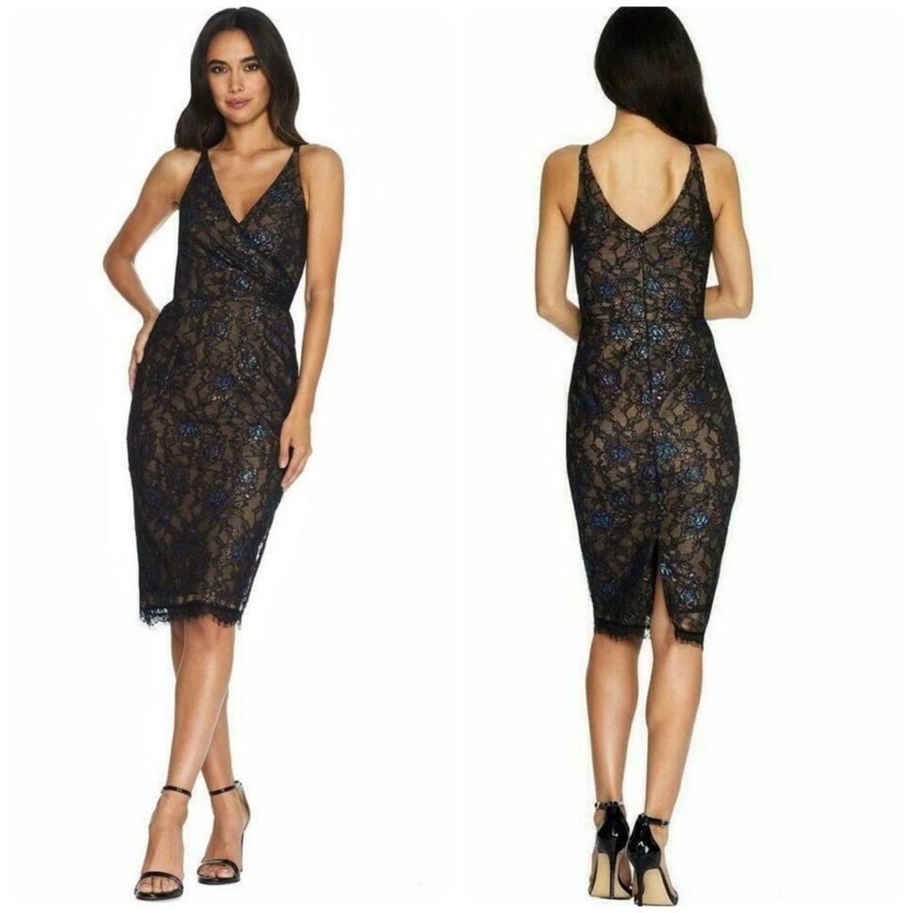 DRESS THE POPULATION Women Sleeveless Metallic Lace Overlay Cocktail Dress Small